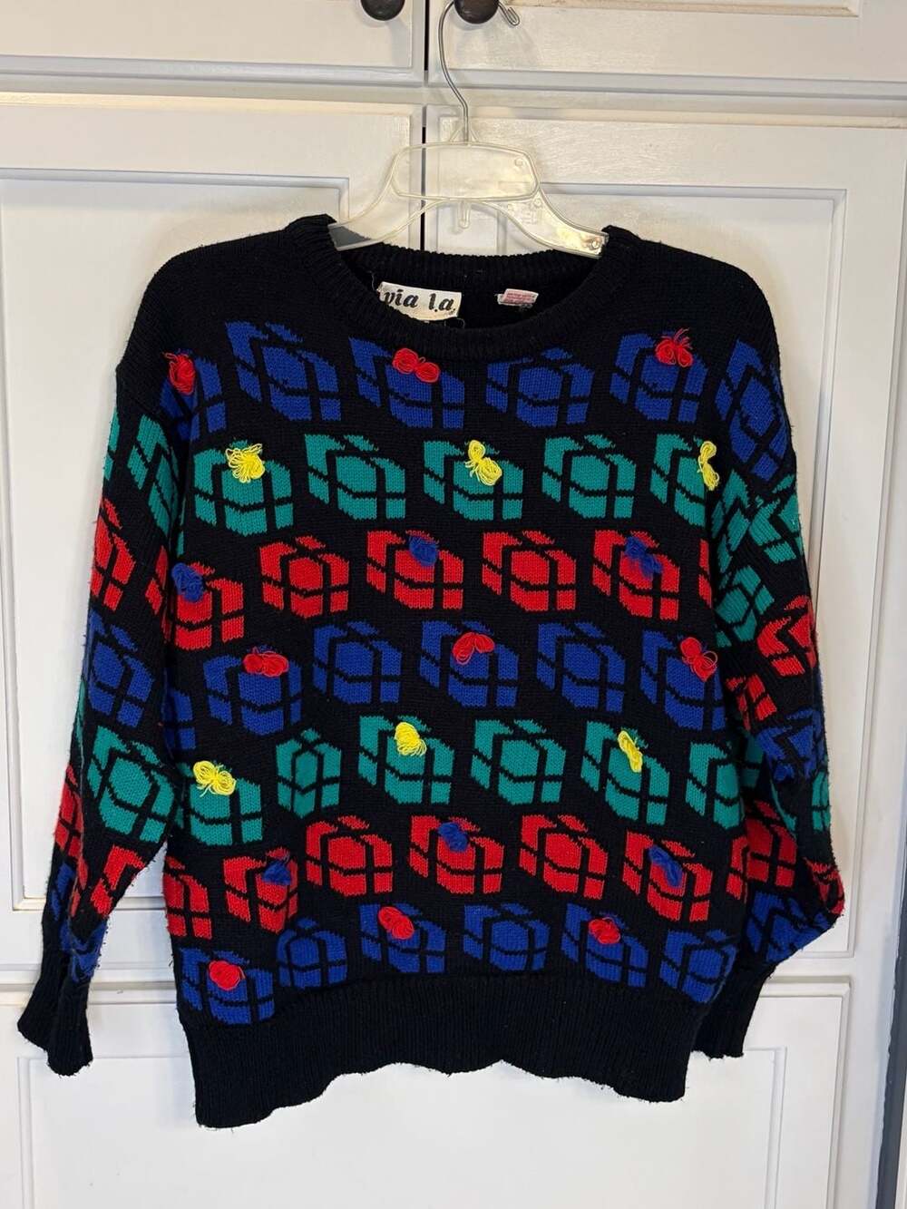 Vintage Via L.A. 80s 90s Geometric Knit Sweater Black Colorblock Size L Korea